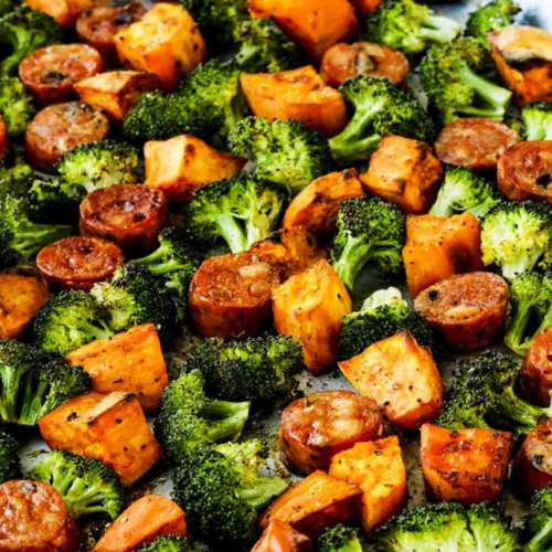 Roasted Sweet Potatoes, Sausage and Broccoli Sheet Pan Meal